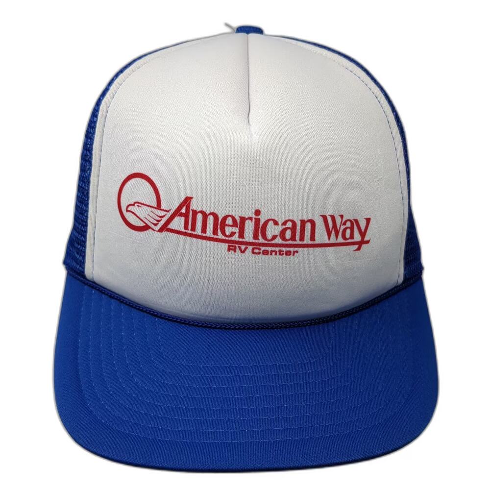 Winner American Way RV Center Trucker Hat Blue White One Size Snapback Mesh Cap